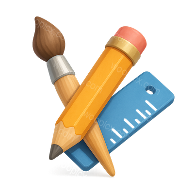 Colorful 3D Art Supplies Icon Featuring Brush, Pencil, and Ruler