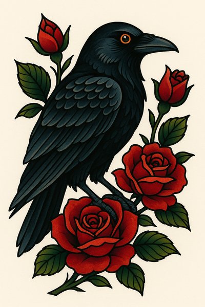 Stylized Raven with Red Roses Tattoo Design