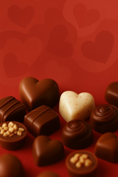Assorted Heart-Shaped Chocolates on Red Background