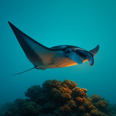 Manta Ray Gracefully Gliding Over a Coral Reef