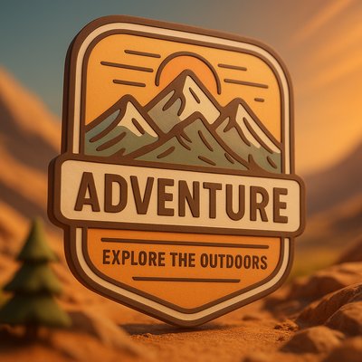 Outdoor Adventure Badge Design Featuring Mountains and Sun