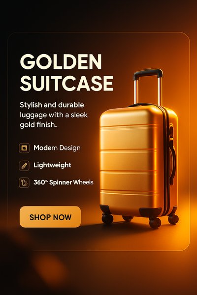 Golden suitcase advertisement showcasing stylish luggage design