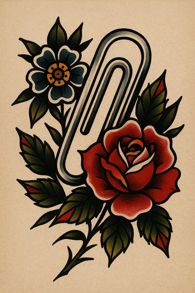 Tattoo-style illustration of a paperclip with flowers