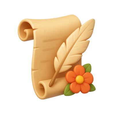 3D Feather and Flower Scroll Icon Design