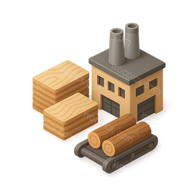 3D Wood Processing Factory Icon with Logs and Planks