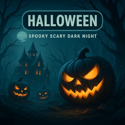 Halloween Themed Art with Pumpkins and Haunted House