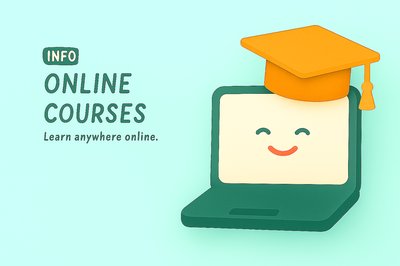 Playful Online Education Graphic Featuring Laptop and Graduation Cap
