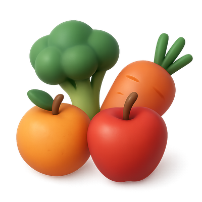 Colorful 3D Produce Icon Featuring Fruits and Vegetables