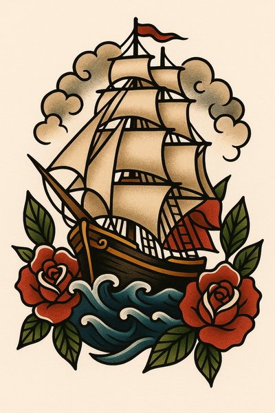 Traditional Tattoo Art Featuring a Sailing Ship and Roses