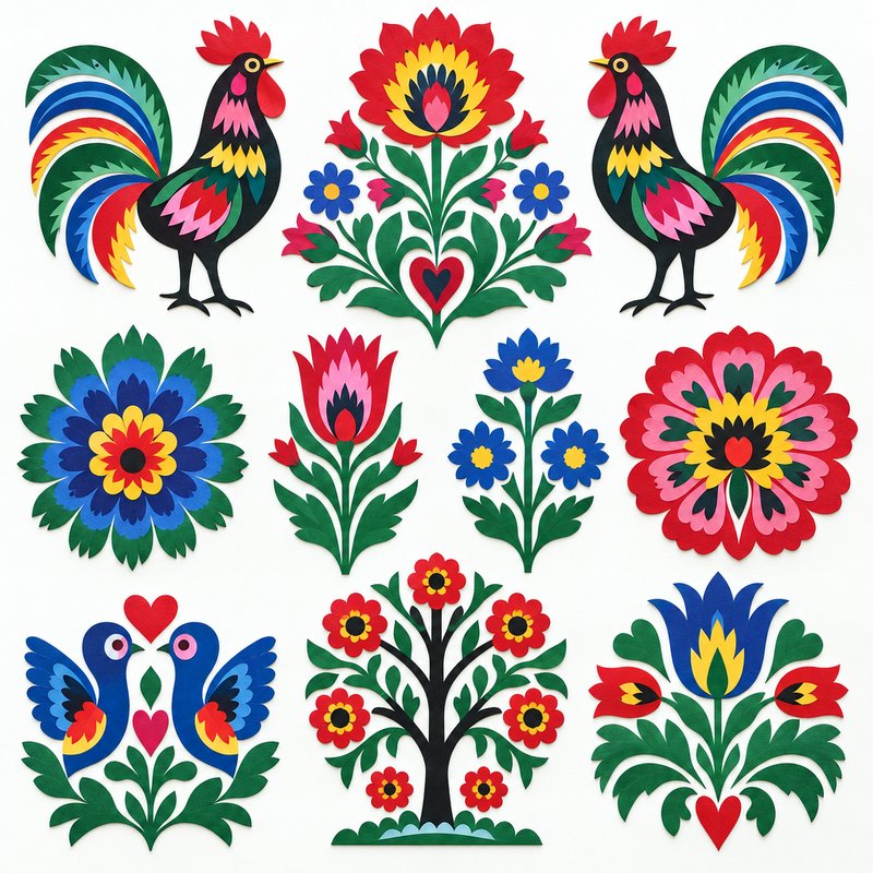 Colorful Polish wycinanki elements