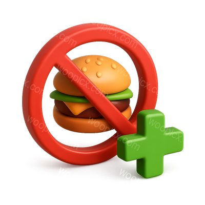 3D No Burger Icon with Plus Sign in Isometric View