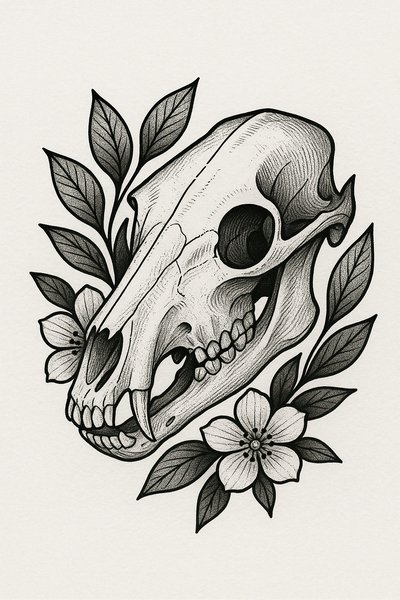 Intricate Skull and Floral Illustration in Black and White
