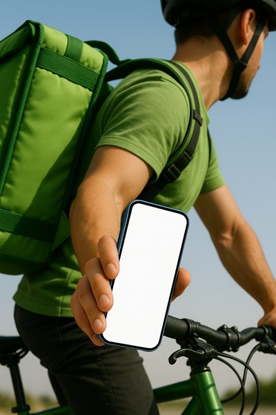 Courier on Bicycle Holding Mobile Phone