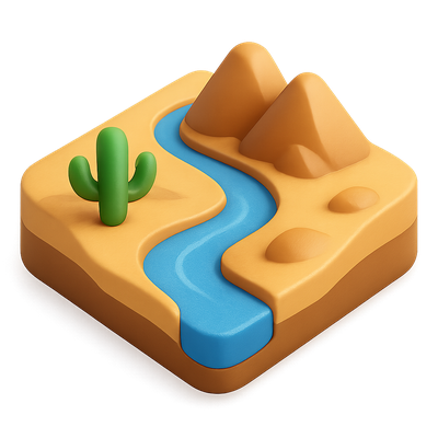 Stylized 3D Desert Stream Icon with Cactus and Mountains