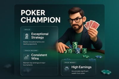 Dynamic 3D Illustration of a Poker Champion with Skill Highlights