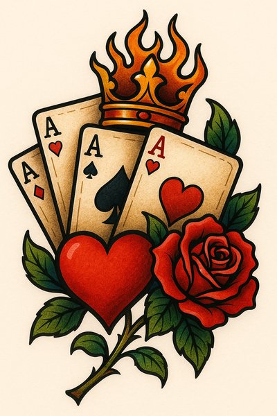 Stylized Tattoo Design Featuring Playing Cards and Rose