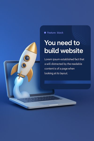 3D Illustration of Laptop with Rocket for Website Feature Block