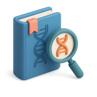 3D Icon of DNA Book and Magnifying Glass
