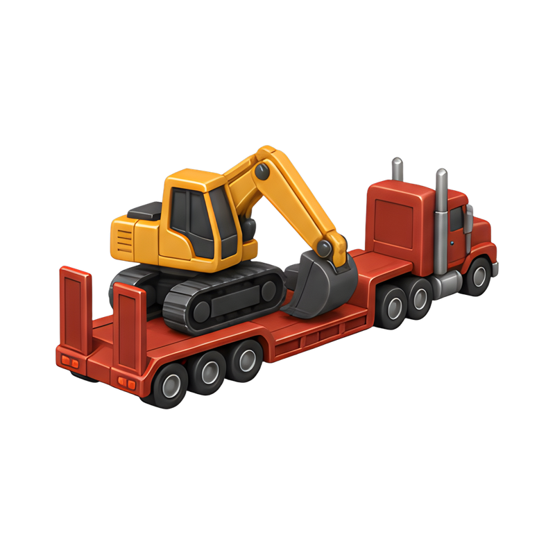 excavator on lowboy trailer