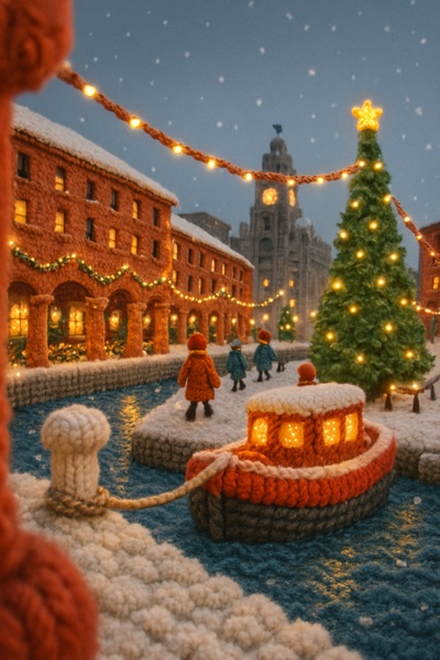 Whimsical Knitted Albert Dock Scene in Snow