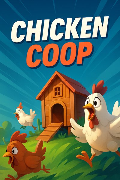 Dynamic Chicken Coop Illustration with Playful Hens