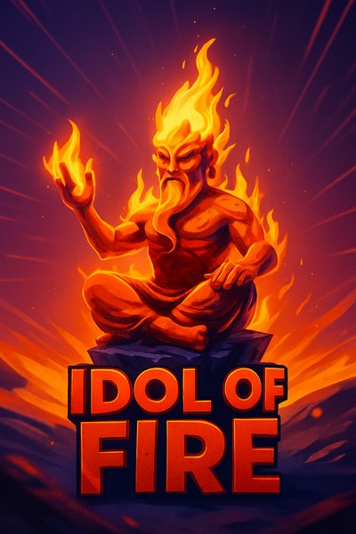 Dynamic Illustration of a Fire Idol with Bold Typography