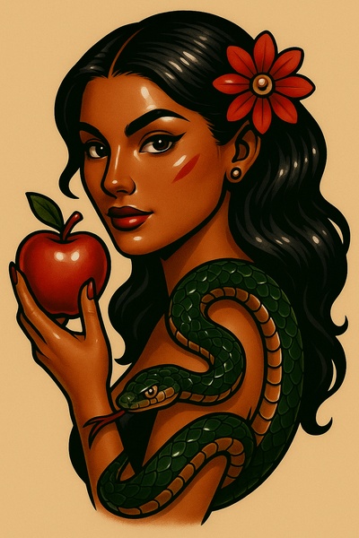 Glossy Woman with Snake and Apple in Tattoo Style