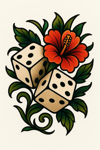 Stylized Tattoo Design Featuring Dice and Hibiscus Flower