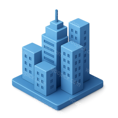 Stylized 3D City Skyline Icon with Tall Buildings