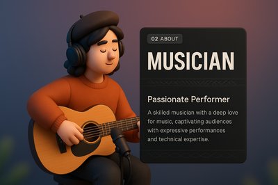 Musician Page Design Featuring 3D Illustration and Information Blocks