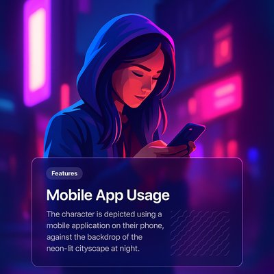 Vibrant Night City Scene with Woman Using Mobile App