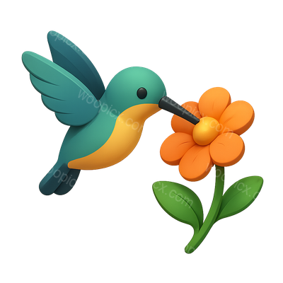 3D Hummingbird Icon with Flower in Isometric View