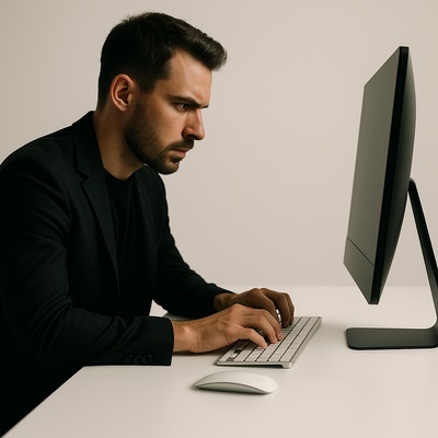 Focused Man Typing Quickly at Minimalist Desk