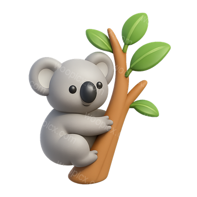 3D Koala Icon Climbing Eucalyptus Tree