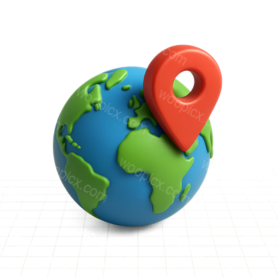 3D Globe Icon with Location Marker in Isometric View