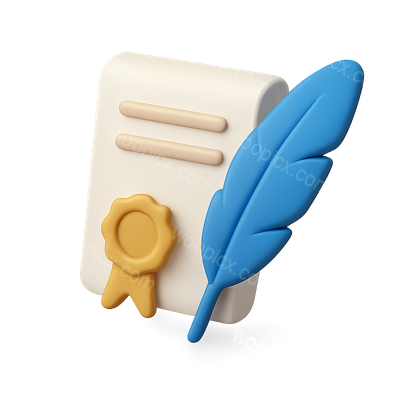 3D Icon of Certificate and Feather in Isometric View