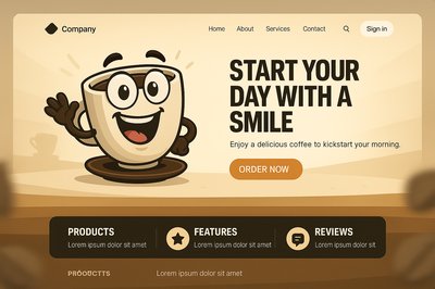 Cheerful Coffee Mascot Landing Page Design