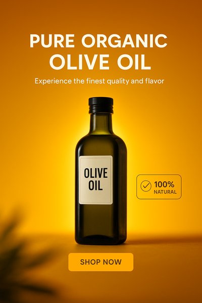 Pure Organic Olive Oil Bottle on Vibrant Background