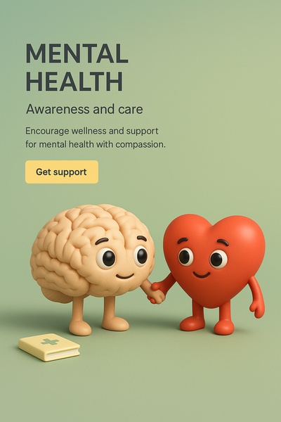 3D Illustration of Brain and Heart for Mental Health Awareness