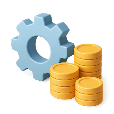 3D Gear Icon Next to Stacked Coins in Isometric View