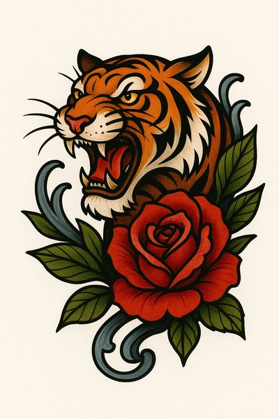 Vibrant Tattoo Design Featuring a Tiger and Rose