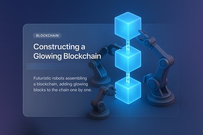 Futuristic Robots Assembling a Glowing Blockchain