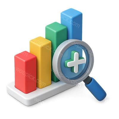 3D Graph Icon with Magnifying Glass for Analysis