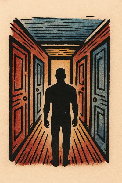 Silhouette in a Corridor Surrounded by Colorful Doors