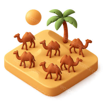 3D Camel Herd Icon with Palm Tree and Desert Background