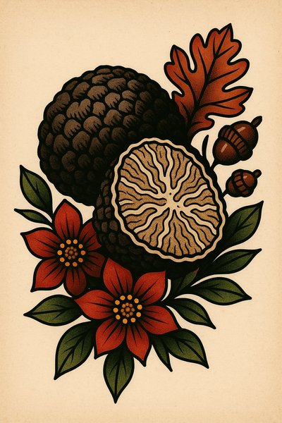 Stylized Illustration of Autumn Elements with Flowers and Acorns