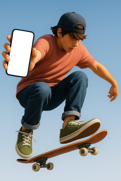 Dynamic Skateboarding Teenager with Smartphone