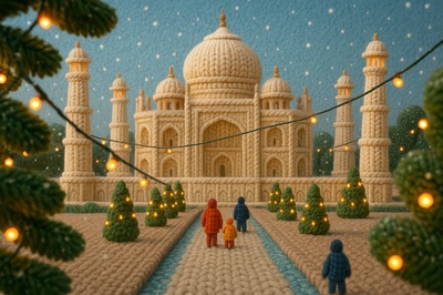 Taj Mahal Crafted from Yarn in a Festive Scene