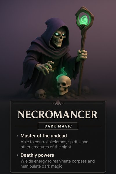 Dark Magic Necromancer 3D Illustration with Descriptive Elements