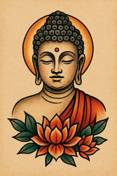 Illustration of Buddha Surrounded by Lotus Flowers